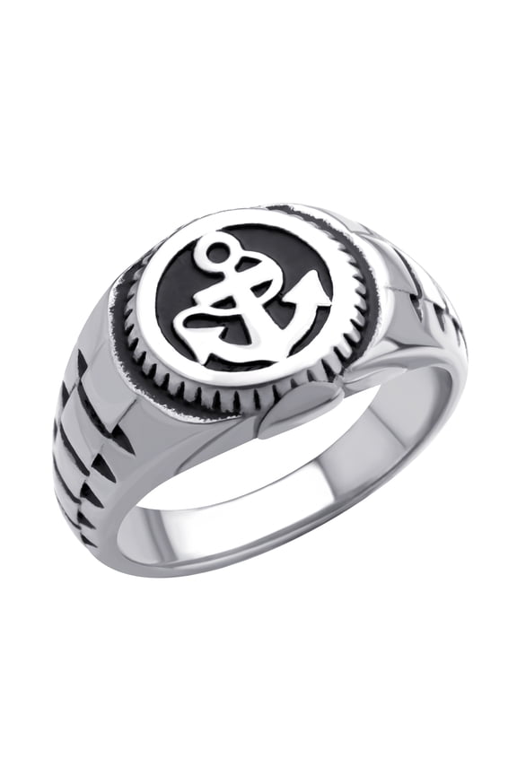 555Jewelry Stainless Steel Biker Rings for Men, Retro Vintage Rings for Men, Signet Seal Nautical Pirate Sailor Anchor Ring for Men, Navy Rings for Men, Silver, Size 12