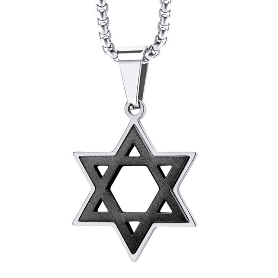 555Jewelry Stainless Steel Box Chain Star of David Necklace for Men & Women, Mens Small Jewish Star Necklace, 18 Inch, Silver & Black