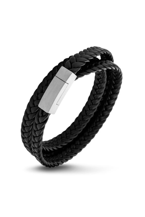 Stainless Steel Braided Double Wrap Leather Twist Rope Chain Cord Adjustable Magnetic Clasp Bracelet for Men & Women, Black & Silver 7.5 Inch