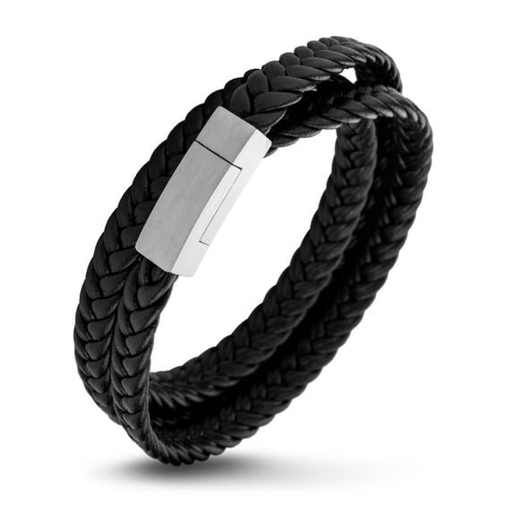 555Jewelry Stainless Steel Braided Double Wrap Leather Twist Rope Chain Cord Adjustable Magnetic Clasp Bracelet for Men & Women, Black & Silver 8.25 Inch