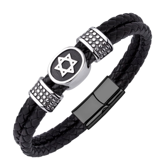 555Jewelry Stainless Steel & Braided Leather Star of David Bracelet for Men and Boys, Black 9 inch