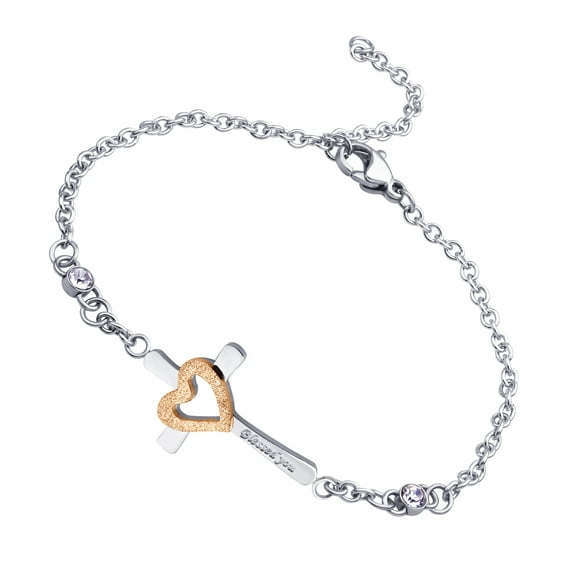 555Jewelry Stainless Steel Cable Chain CZ Sparkly Heart Charm on Cross Bracelet for Women Confirmation Gift for Girl, Silver & Rose Gold Heart