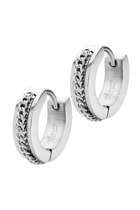 ‎555Jewelry Stainless Steel Cool Curb Chain Hoop Earrings for Men & Women, Unisex Hoop Earrings, ‎Cuban Chain Hoops, Huggies for Men, Hoop Earrings For Women, Silver