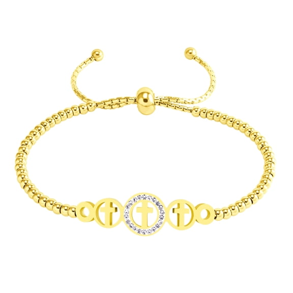 555Jewelry Stainless Steel Cross Bracelet for Women, Adjustable Slide Cuff Bangle Ball Chain Beaded Bolo Cubic Zirconia, Gold