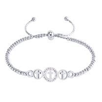 555Jewelry Stainless Steel Cross Bracelet for Women, Adjustable Slide Cuff Bangle Ball Chain Beaded Bolo Cubic Zirconia, Silver