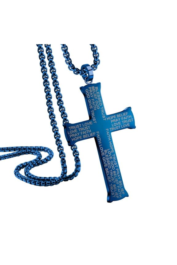 Stainless Steel Cross Necklace for Men, Bible Verse Inspired Evngraving Polished Religious Crucifix Cross Pendant for Men & Women, Blue, 20 Inches Box Chain