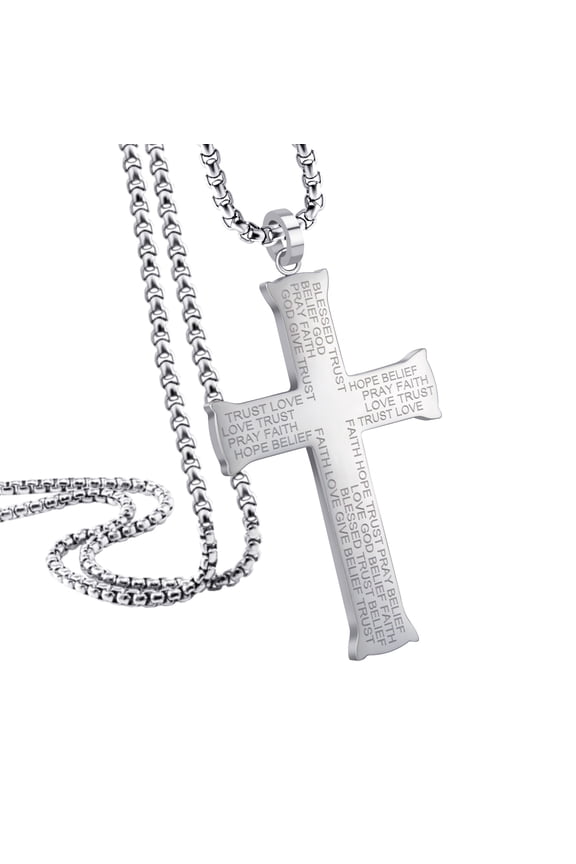 Stainless Steel Cross Necklace for Men, Bible Verse Inspired Evngraving Polished Religious Crucifix Cross Pendant for Men & Women, Silver, 22 Inches Box Chain