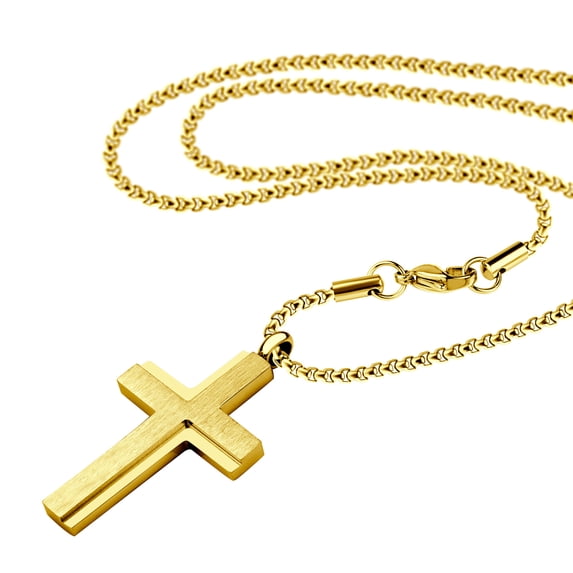 555Jewelry Stainless Steel Cross Necklace for Men, Cross Necklace for Women, Box Link Chain, Cross Pendant for Men, Womens Cross Necklaces, Cross Necklaces for Men, 22 Inch, Gold