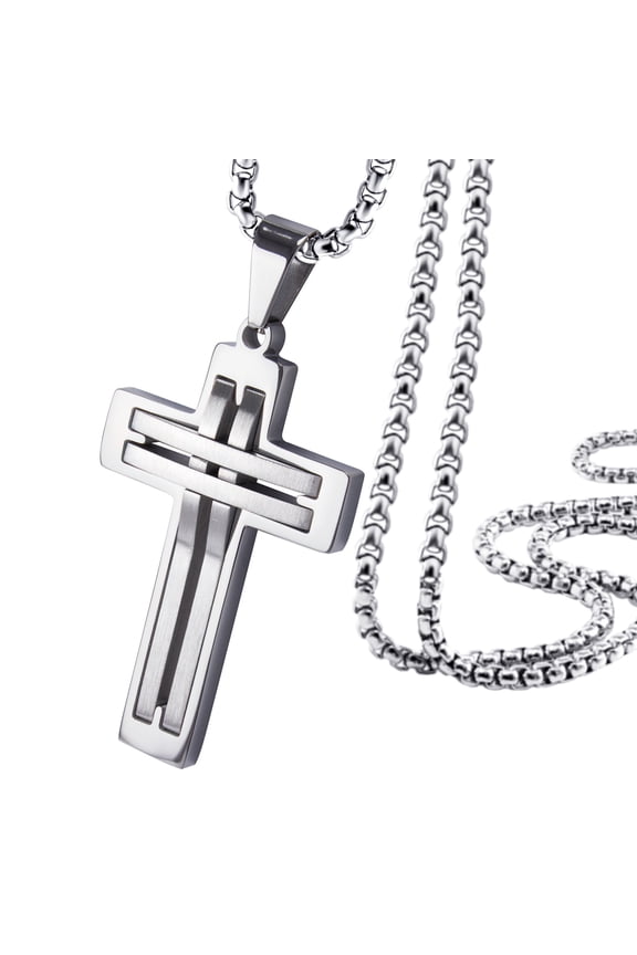 Stainless Steel Cross Necklace for Men, Grooved Half Dome Shape Matte Cross & Polished Border Religious Crucifix Cross Pendant for Men & Women, Silver, 20 Inches Box Chain
