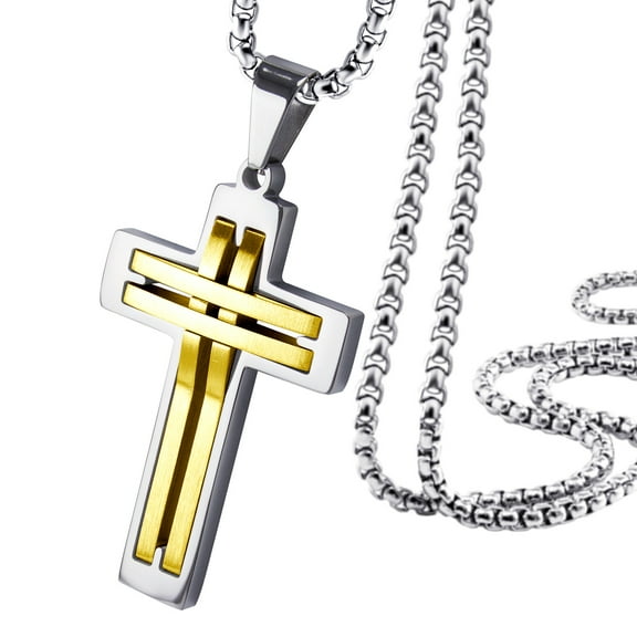 555Jewelry Stainless Steel Cross Necklace for Men, Grooved Half Dome Shape Matte Cross & Polished Border Religious Crucifix Cross Pendant for Men & Women, Silver/Gold, 20 Inches Box Chain