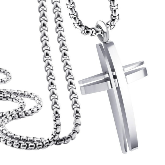 555Jewelry Stainless Steel Cross Necklace for Men, Grooved Half Dome Shape Polished Religious Crucifix Cross Pendant for Men & Women, Silver, Box Chain 18 Inches