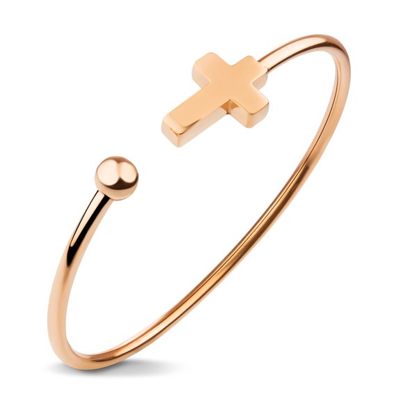 555Jewelry Stainless Steel Cross Symbol Religious Christian Catholic Open Cuff Bangle Bracelet for Women & Men, Pink Rose Gold