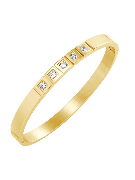 Stainless Steel Cubic Zirconia Designer Inspired Cuff Hinged Bangle Bracelets for Women & Men, Gold