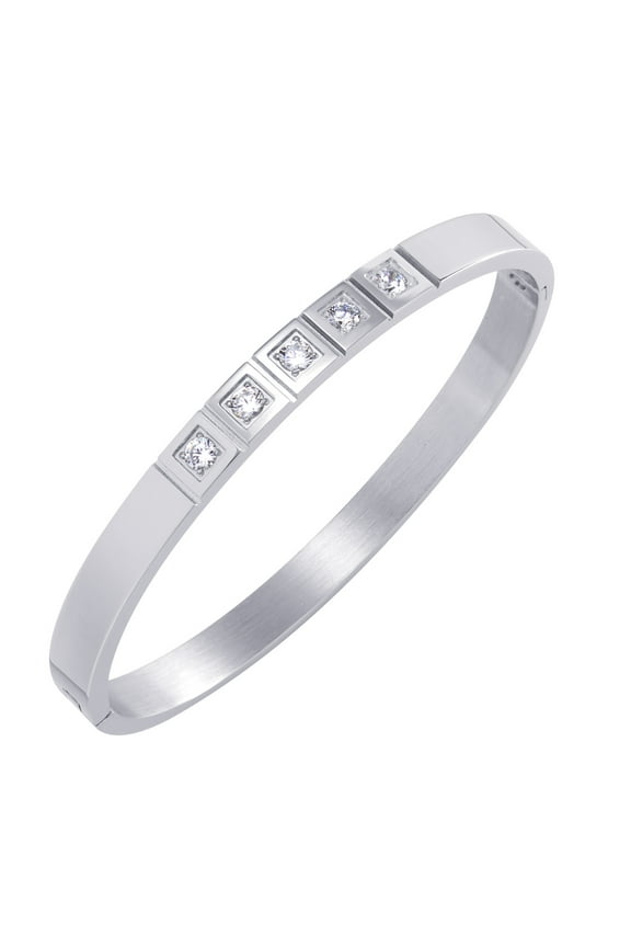 Stainless Steel Cubic Zirconia Designer Inspired Cuff Hinged Bangle Bracelets for Women & Men, Silver