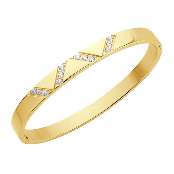 ‎555Jewelry ‎Stainless Steel Cubic Zirconia Elegant Geometric ‎Bangle Bracelets for Women & Men, Hinged ‎Sparkly CZ Diagonal Cuff, Gold