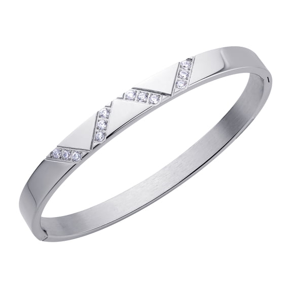 ‎555Jewelry ‎Stainless Steel Cubic Zirconia Elegant Geometric ‎Bangle Bracelets for Women & Men, Hinged ‎Sparkly CZ Diagonal Cuff, Silver