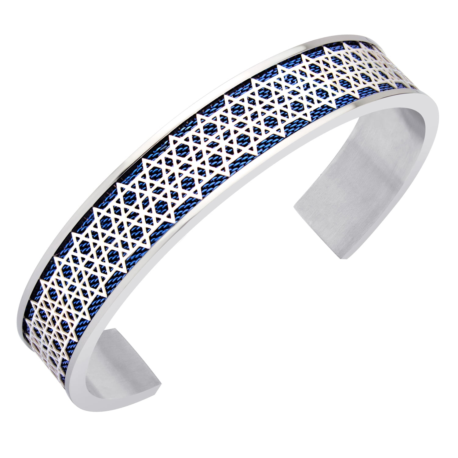 555Jewelry Stainless Steel Cuff Bangle Star of David Bracelet for Men and Boys, Silver/Blue