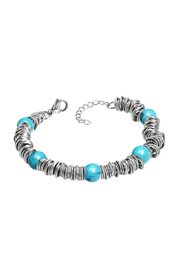 Stainless Steel Disc & Extendable Bead Bracelets for Women, Silver & Turquoise