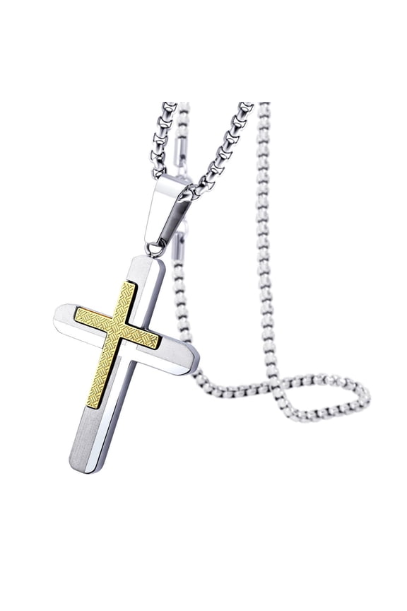 Stainless Steel Dual Cross Necklace for Men, 2 Tone Gentle Classic Cross Pendant for Boys & Girls, Religious Crucifix Cross Pendant for Wife & Husband, Gold, 20 Inches Box Chain