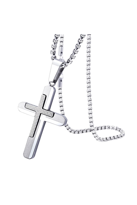 Stainless Steel Dual Cross Necklace for Men, 2 Tone Gentle Classic Cross Pendant for Boys & Girls, Religious Crucifix Cross Pendant for Wife & Husband, Silver, 24 Inches Box Chain