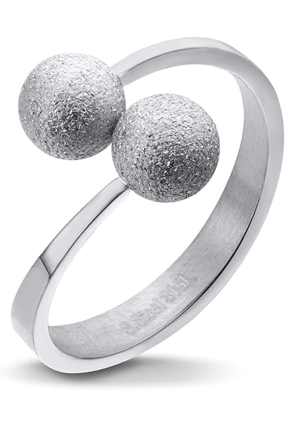 Stainless Steel Elegant Designer Sparkly Glittering Balls Beads Wrap Around Rings For Women, Trendy Round Open Cuff Ring, Open Band Ring, Silver, Size 6
