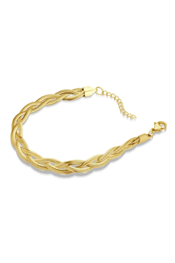 ‎555Jewelry Stainless Steel Flexible Flat Braided Snake Chain Adjustable Delicate ‎Extendable Bracelet for Women & Girls, Gold