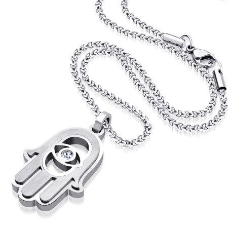 555Jewelry Stainless Steel Hamsa Necklace for Women, Hand of Fatima, Evil Eye Necklace, CZ Hamsa Pendant, Good Luck Necklace, Chamsa Necklace, Silver, White CZ, 16 Inch Box Chain
