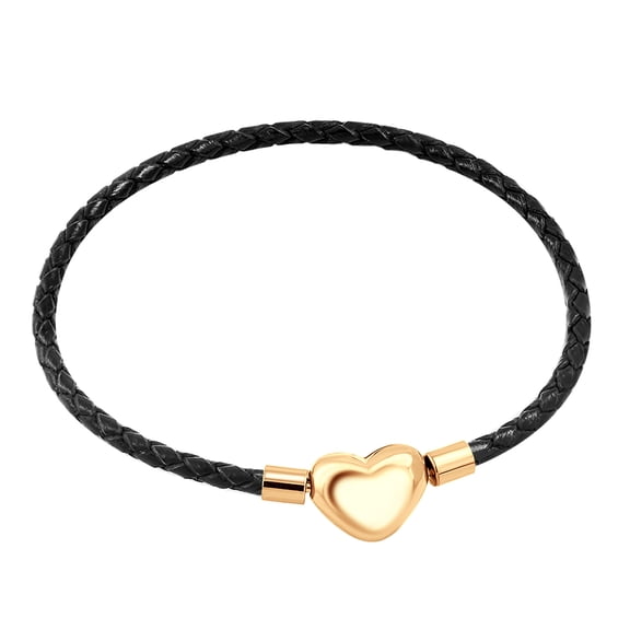 555Jewelry Stainless Steel Heart Charm Braided Leather Black Bracelet for Women, Rose Gold Heart, 6.5 Inch