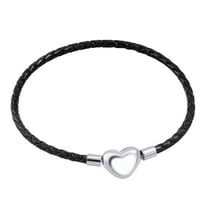 555Jewelry Stainless Steel Heart Charm Braided Leather Black Bracelet for Women, Silver Heart, 6.5 Inch
