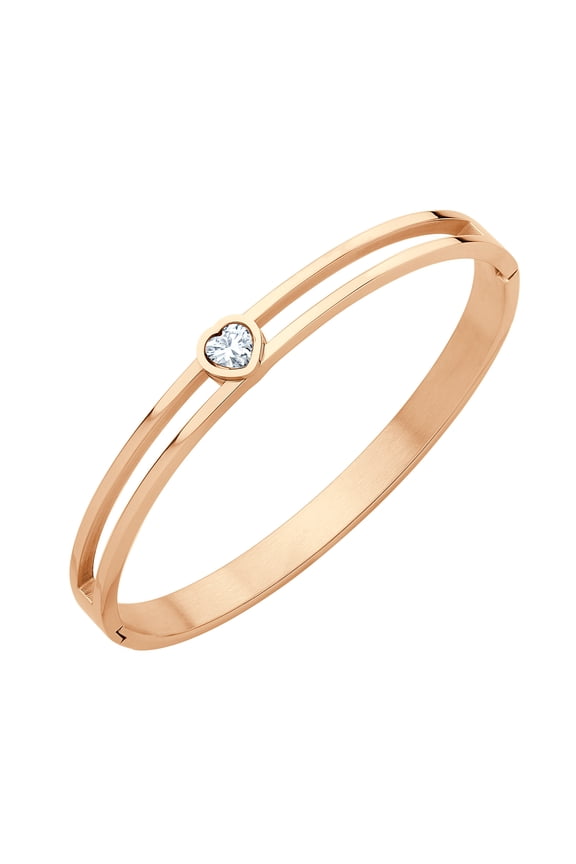 Stainless Steel Hinge Lock Heart Shape CZ Cuff Love Bracelet Bangle Bracelets for Women- Rose Gold