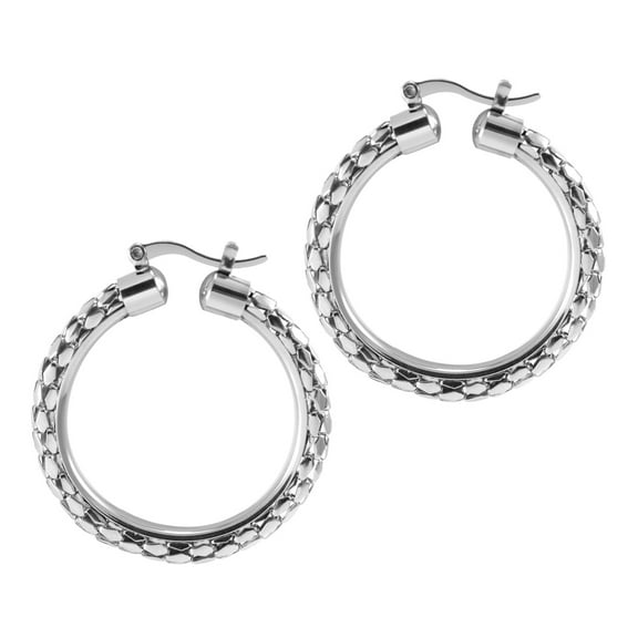 555Jewelry Stainless Steel Medium Hypoallergenic Hoop Earrings for Women with Shimmering Boston Links, Round Nickel Free Surgical Steel Hoops Earrings, Womens Hoop Earrings, Silver