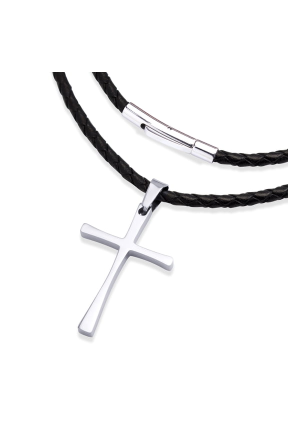 Stainless Steel Metal Cross Braided Rope Cord Unisex Women Men Religious Christian Prayer Vintage Fashion Jewelry Pendant Hanging Necklace, Silver & Black 24 Inch