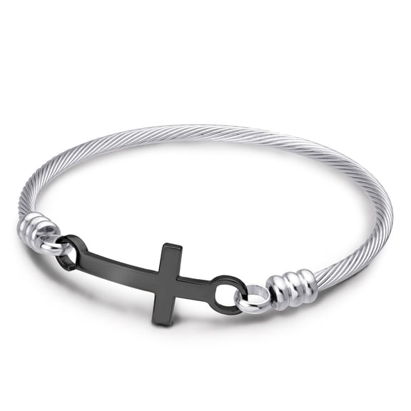555Jewelry Stainless Steel Metal Cross Religious Sacred Christian Catholic Holy Blessing Bangle Bracelet, Silver & Black Size 65mm