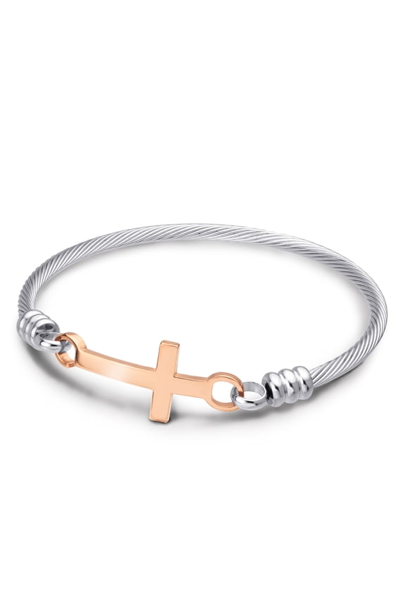 Stainless Steel Metal Cross Religious Sacred Christian Catholic Holy Blessing Bangle Bracelet, Silver & Pink Rose Gold Size 60mm