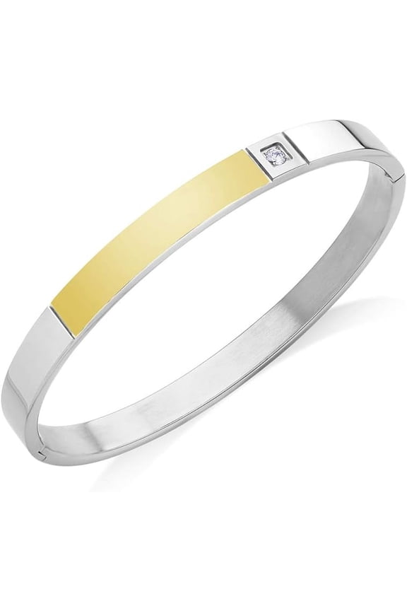 Stainless Steel Oval Hinged Lock Sparkly Cubic Zirconia Wrist Cuff Bangle Bracelet for Men & Women, Silver & Gold