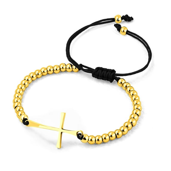 555Jewelry Stainless Steel Sideways Cross Bracelet for Women, Adjustable Beaded Bolo String Extendable Slide Cuff Bangle, Gold