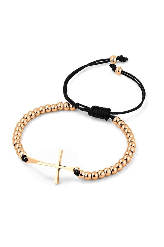 Stainless Steel Sideways Cross Bracelet for Women, Adjustable Beaded Bolo String Extendable Slide Cuff Bangle, Rose Gold