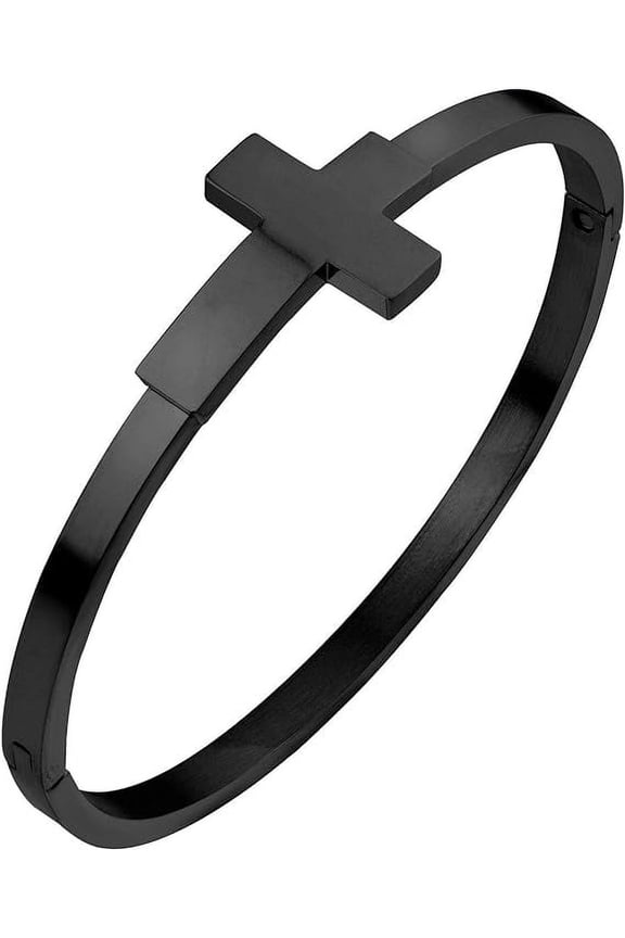 Stainless Steel Sideways Cross Catholic Bracelets, Confirmation Hinge Lock Cuff Bangle for Women, Black
