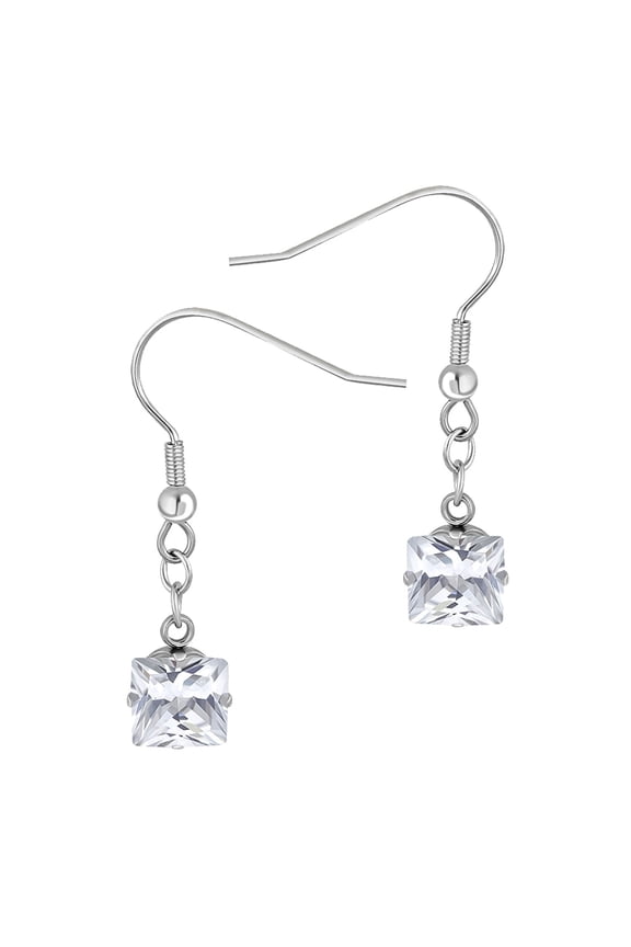 Stainless Steel Sparkly Princess Cut CZ Crystals Drop Dangle Square Earrings for Women, Rhinestones Earrings for Women, Non Allergic Nickel Free Earrings, Silver
