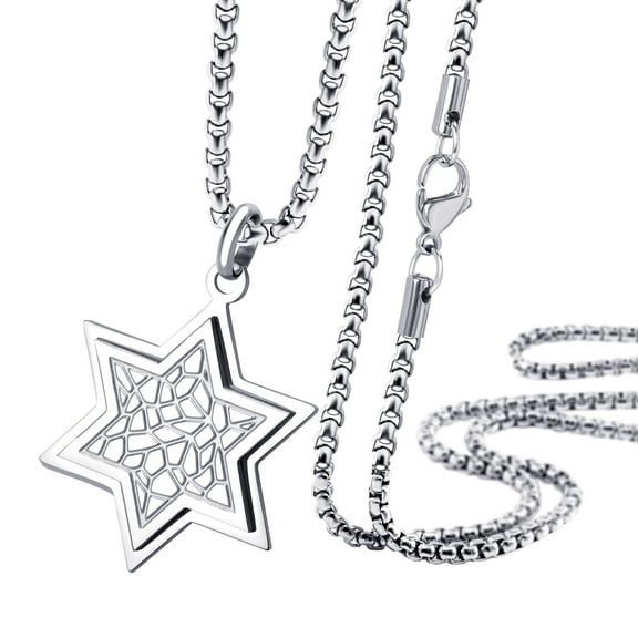 555Jewelry Stainless Steel Star of David Necklace for Men & Women, Box Chain Patterned Star Of David Necklace for Women, Small Jewish Star Necklace, Mens Jewish Star Necklace, 20 Inch, Silver