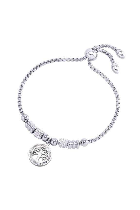Stainless Steel Tree of Life Cubic Zirconia Charm Bracelet, Adjustable Slider Beaded Bolo Cuff Bangle for Women, Silver