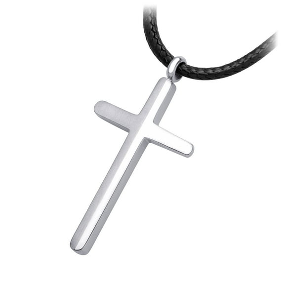 555Jewelry Stainless Steel Waterproof Adjustable Black Cord Rope Unisex Cross Necklace, Silver