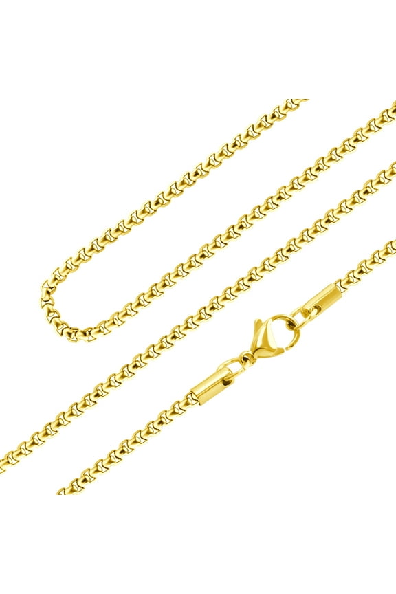 Thin 2.5mm Lightweight Stainless Steel Box Chain Necklace for Men & Women, Gold, 16 Inch