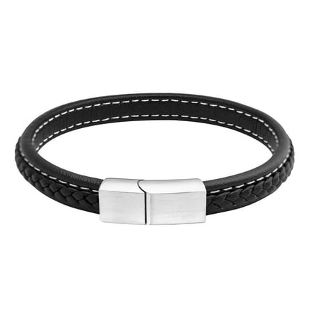 555Jewelry Thin Narrow Braided & Stitched Black Leather and Steel Magnetic Clasp Bracelets for Men, Mens, Silver, 8.25 Inch