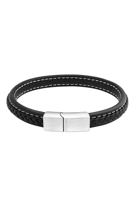 Thin Narrow Braided & Stitched Black Leather and Steel Magnetic Clasp Bracelets for Men, Mens, Silver, 9 Inch