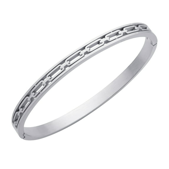 555Jewelry Unisex Elegant Stainless Steel Rectangle Link Chain Pattern Hinged Cuff Bangle Bracelets for Women & Men, Silver