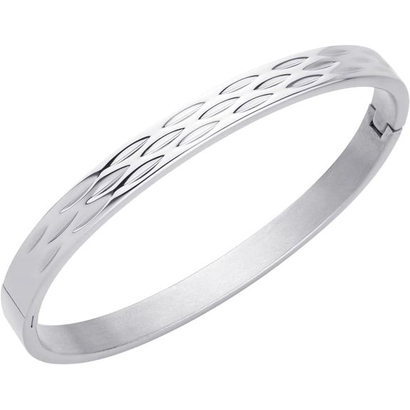 ‎555Jewelry Unisex ‎Stainless Steel Elegant Carved Shimmer Cut ‎Hinged Cuff Bangle Bracelets for Women and Men, Silver