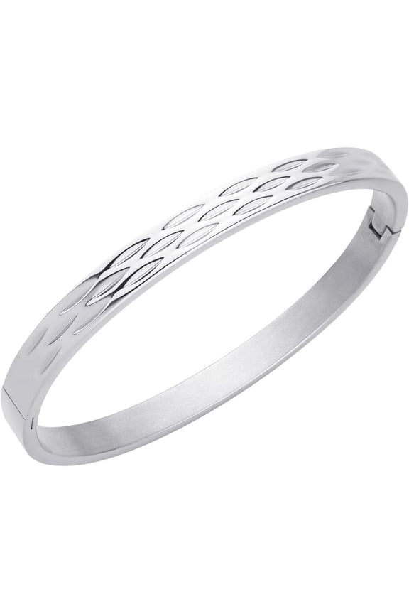 555Jewelry Unisex Stainless Steel Elegant Carved Shimmer Cut Hinged Cuff Bangle Bracelets for Women and Men, Silver
