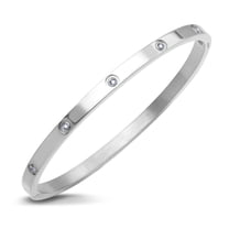 555Jewelry Womens Classic High Polish Stainless Steel Sparkling Cubic Zirconia CZ Hypoallergenic Hinge Lock Cuff Bangle Bracelet, Silver