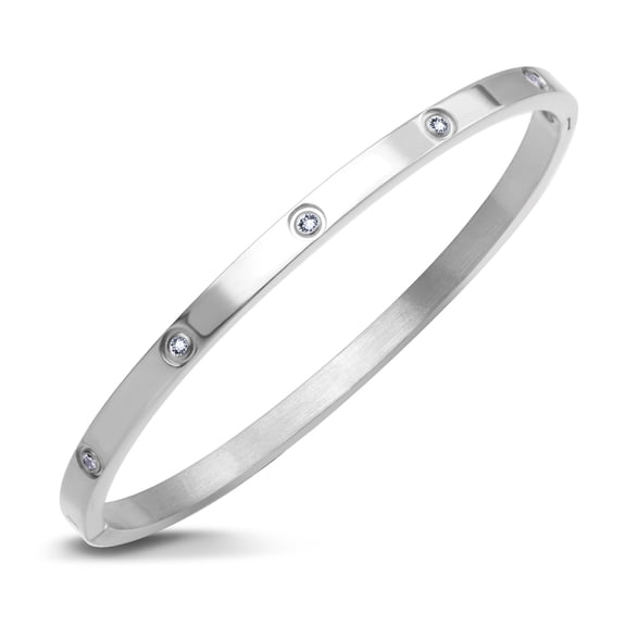 555Jewelry Womens Classic High Polish Stainless Steel Sparkling Cubic Zirconia CZ Hypoallergenic Hinge Lock Cuff Bangle Bracelet, Silver